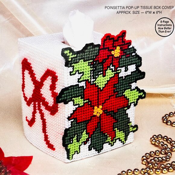 Vintage Plastic Canvas Poinsettia Pop-Up Tissue Box Cover Kit - New/Sealed -1991 - Picture 2 of 6